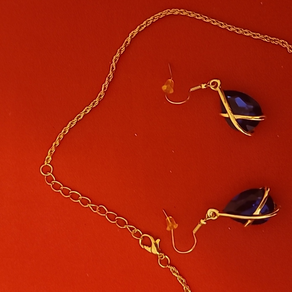 Fashion Blue Teardrop Pendant Necklace & Earring Set - Alloy & Titanium Steel - Picture 11 of 13